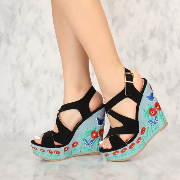 Shoe Republic LA Shoes - Sexy black cut out embroidered wedges denim